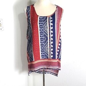M Fasis High-Low Sleeveless Top, Red & Blue Pattern, Split Back, Size 1X
